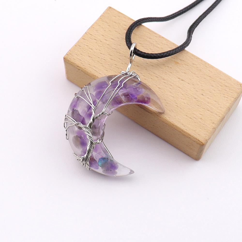 Chakela Natural Crystal Resin Tree of Life Crescent Moon Pendant Necklace N755