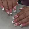 24pcs Heart Shaped Bow Square Patch Nail Art Red and White French Style Medium To Long Fake Nails Wedding Party Accessories