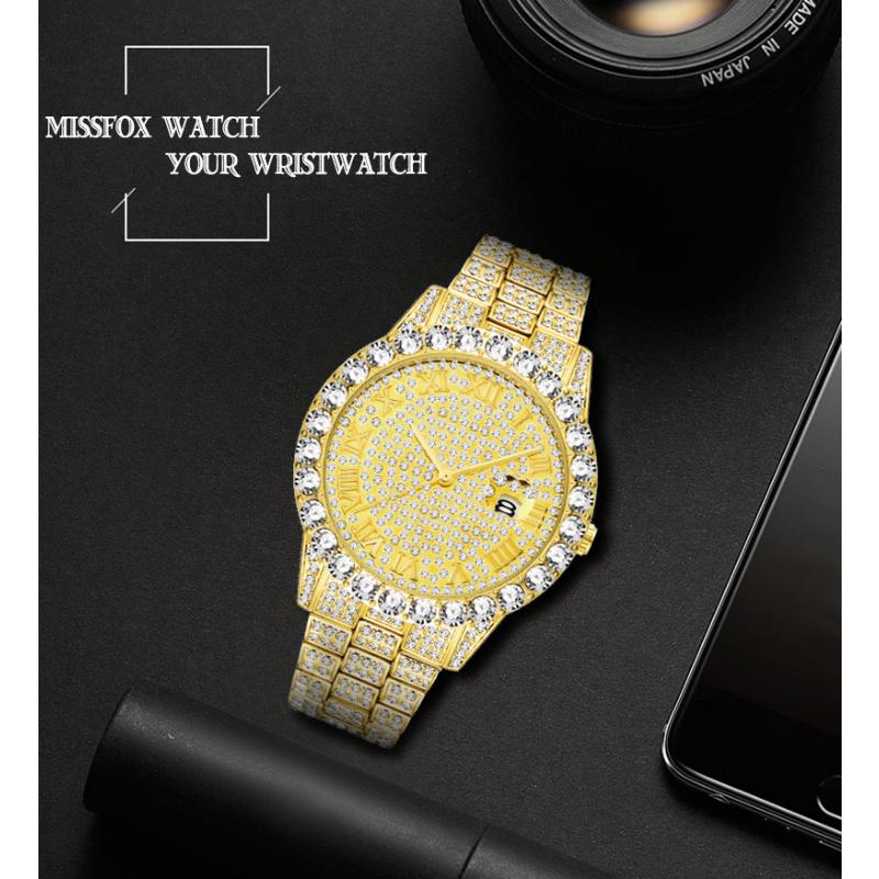 Ceas Hip Hop Fierbinte cu Gheață pentru Bărbați Marca MISSFOX Modă Bling Ceasuri Quartz de Lux cu Diamante Complete