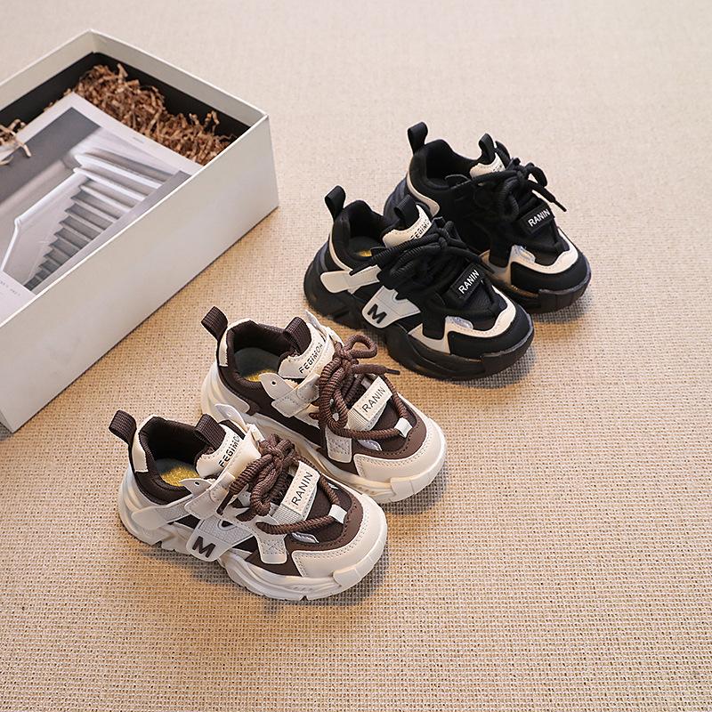 Boys' Dad Shoes Girls' Casual Shoes Children's Handsome Color-blocked Running Shoes Leather Sneakers