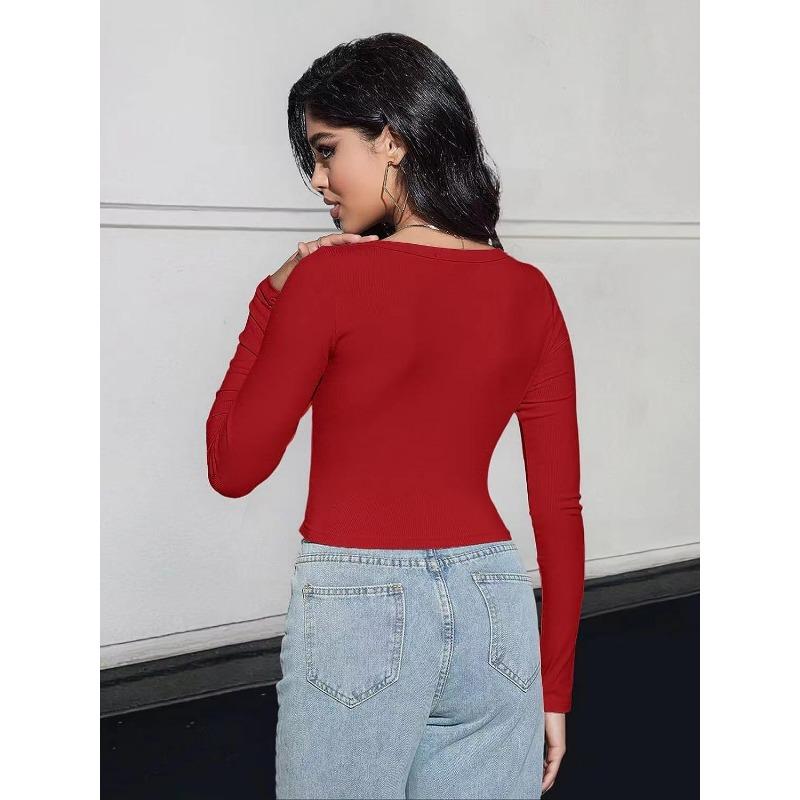 Women's Fashion Casual Spring Fall Solid Color Print Long Sleeve Square Collar Blouses & Shirts