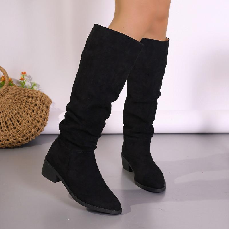 Fashion 2024 Trendy Versatile Women's Boots Suede Thick Heel Pointed Autumn and Winter New Black Pleated High Leg Women's Long Boots