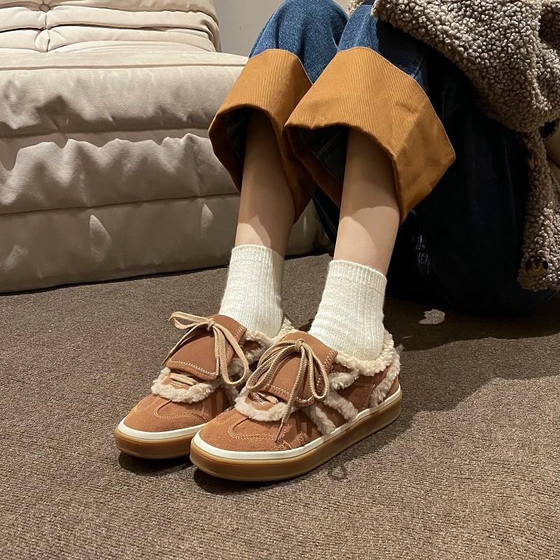 Retro Versatile Lace-up Leather Training Shoes Women's New Lamb Wool Plush Warm Wool Shoes Casual Sports Cotton Shoes