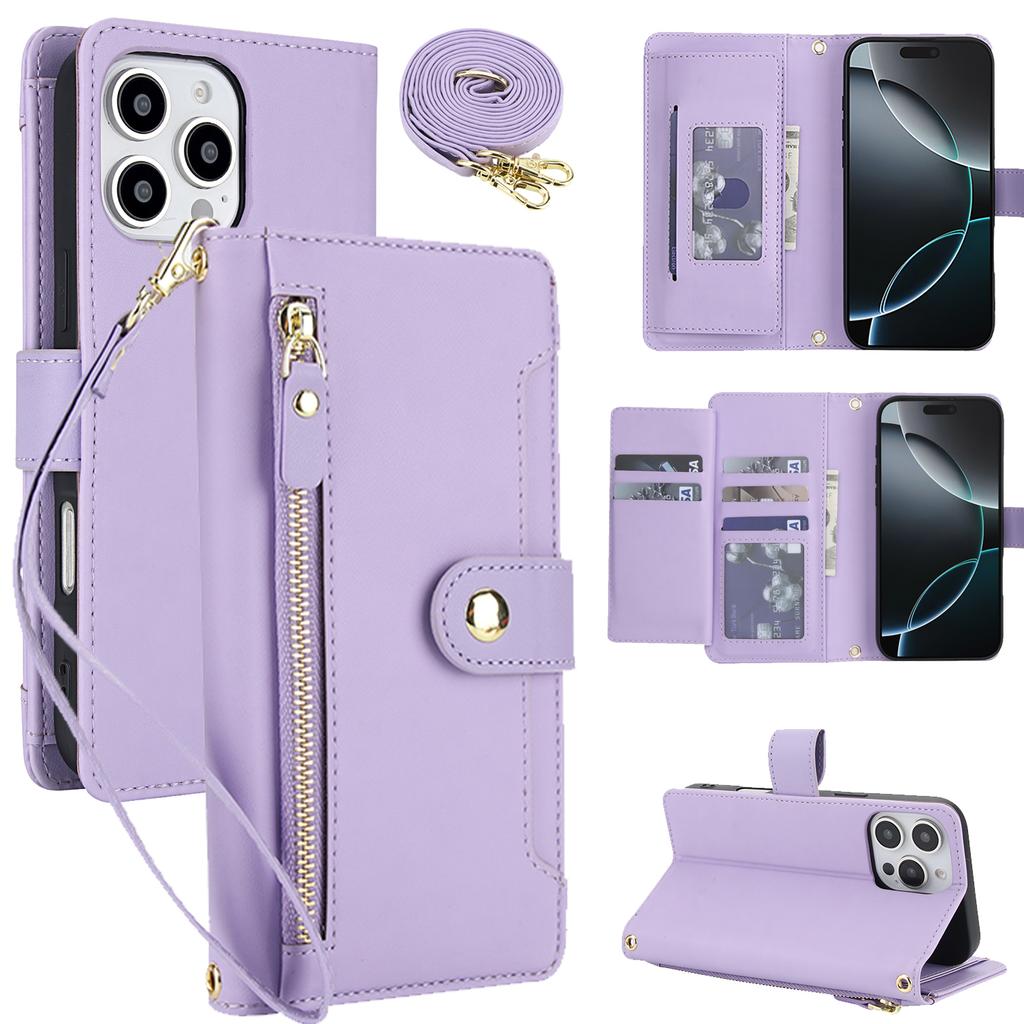Zipper Leather Wallet Flip Case For iPhone 17 Pro Max 16 15 14 13 12 11 16E 16Plus Luxury RFID Stand Book Long Lanyard Bag Cover