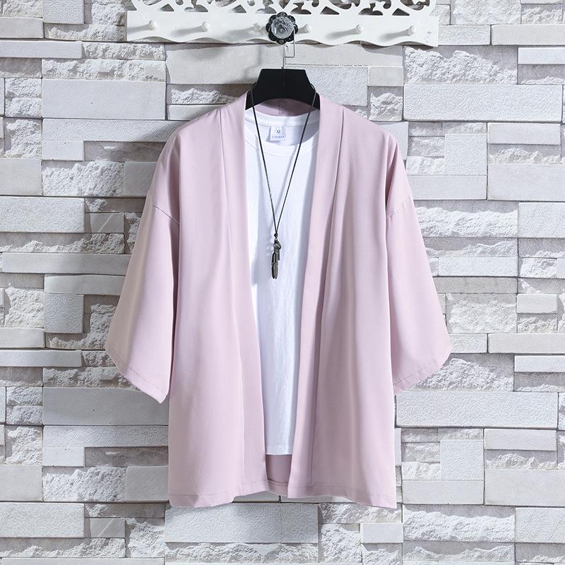 Men's Casual Seven-Sleeve Ice Silk Cardigan, Chinese Style, Solid Color, Plus Size