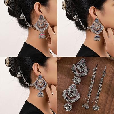 Fashion Retro Ethnic Style Diamond-Encrusted Bells, Fringed Earrings, Hair Chain Set, High-End Exaggerated Jewelry