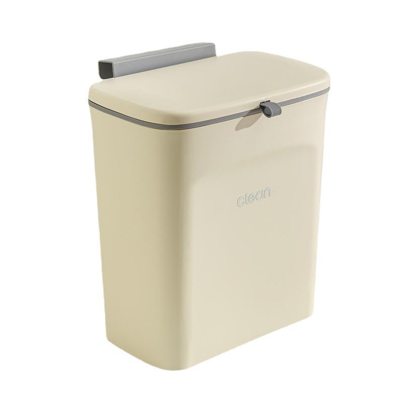 Cream Wall-Mounted Kitchen Trash Bin with Lid