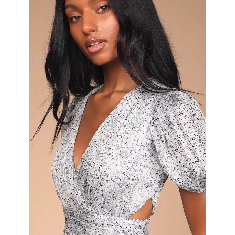 Foreign Trade Order Lu's Puff Sleeves Waist-Exposed Design Golden Thread Shiny Floral Lady Bright Silk Niche Girly Style Dress