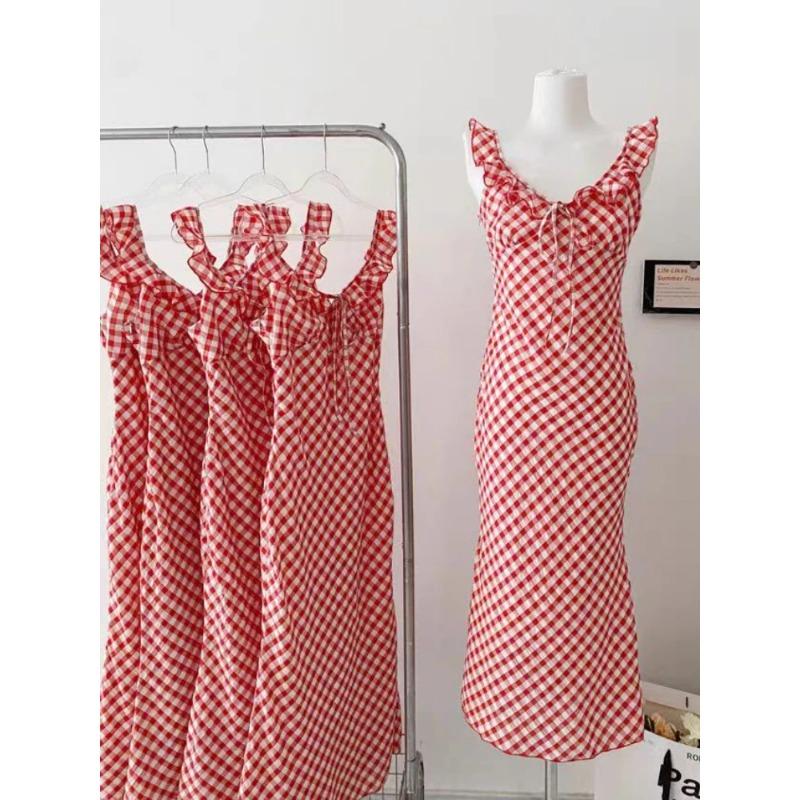 Summer 2024 New Elegant Party Dress Women Casual Plaid Strap Midi Dress Y2k Korean Fashion Slim Temperament Fishtail Dress Chic