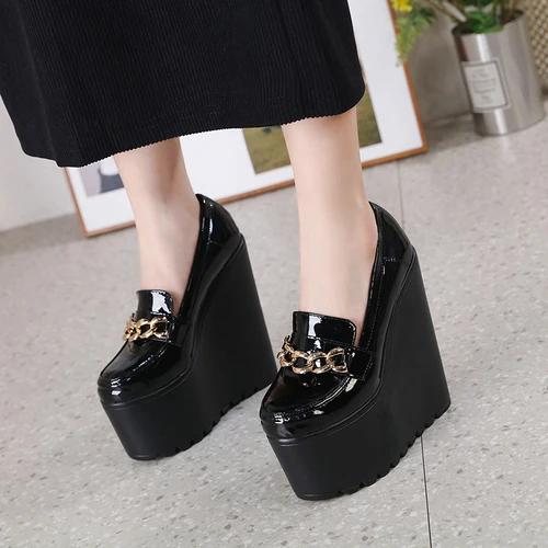 New Muffin Bottom Women's Shoes Wedge Heel Round Head 16CM Super High Heel Shoes Fashion Patent Leather Increase Women's Shoes