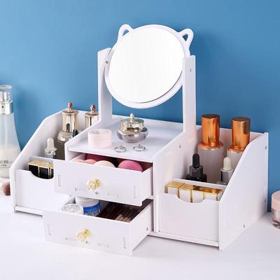 Espejo de Tocador Giratorio con Orejas de Gato y Compartimentos con Cajón - Espejo de Maquillaje de Madera para Escritorio