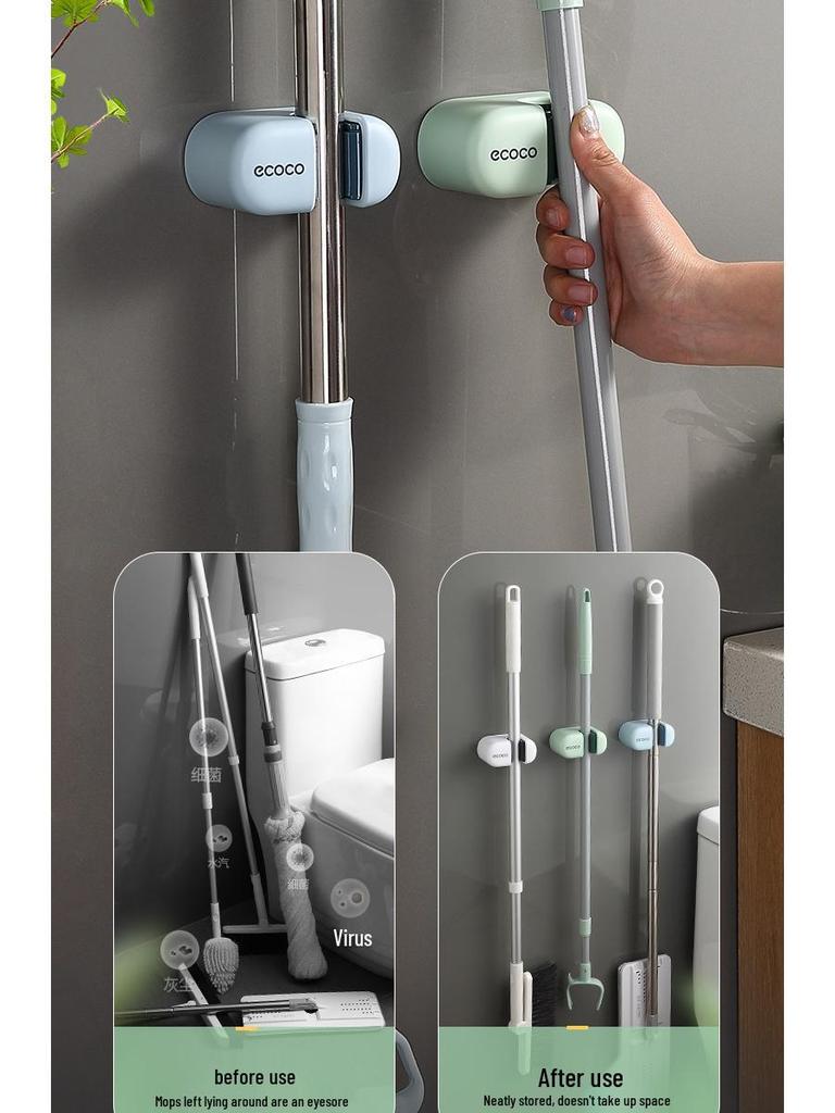 Nástěnný držák na mopy a košťata bez vrtání se silnými viskózovými klipy