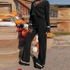 Women's Color Collision Fashion Casual Suit Autumn Winter V-neck Long Sleeve Pullover High Waist Wide Leg Pants Two Pieces Sets
