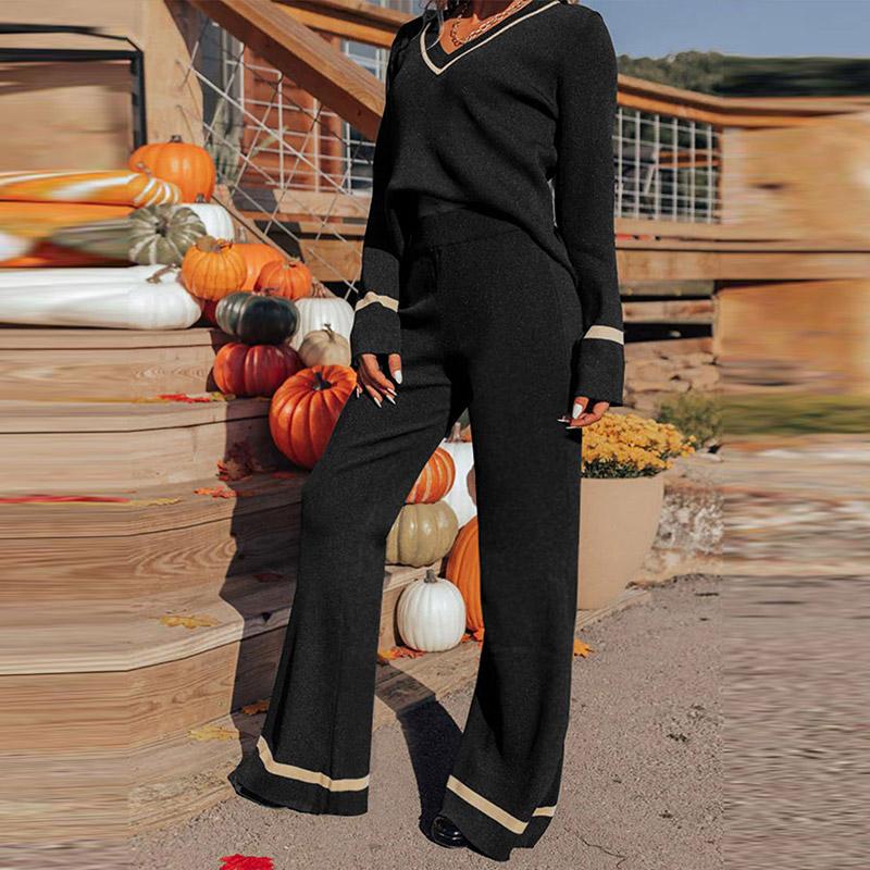 Women's Color Collision Fashion Casual Suit Autumn Winter V-neck Long Sleeve Pullover High Waist Wide Leg Pants Two Pieces Sets