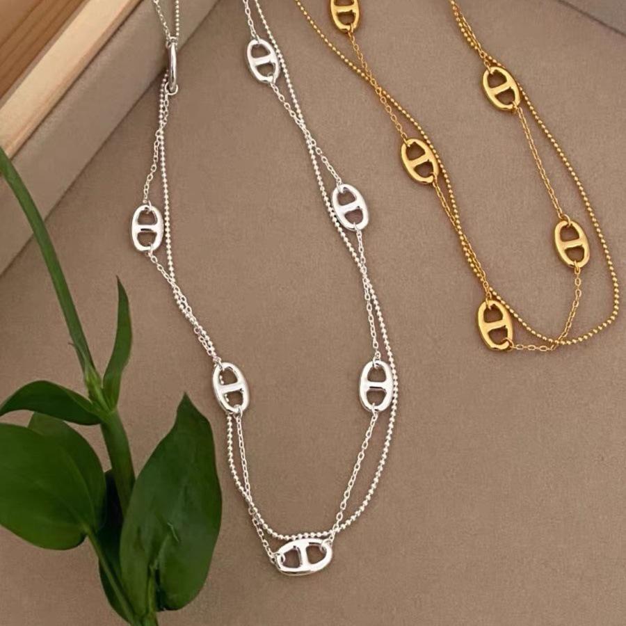Pig Nose Bead Double Layer Necklace: Women s Luxury Simple Stylish Clavicle Chain for Best Friends Silver Pig Nose Round Bead Double Layer Necklace