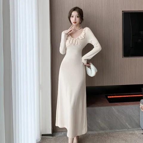 Pink Ruffle Leaf Edge Strap Dress for Women's Autumn and Winter New Pure Desire Style Spice Girl Waist and Thin Dress