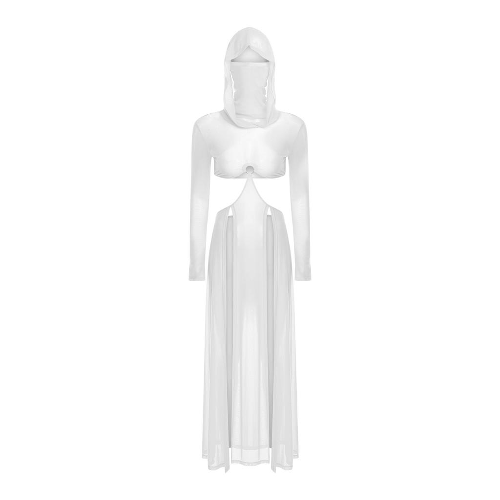 Women Sheer Maxi Dress High Slit Design Hooded Face Cover Long Sleeves Hollow Out Mesh Coverup Gown