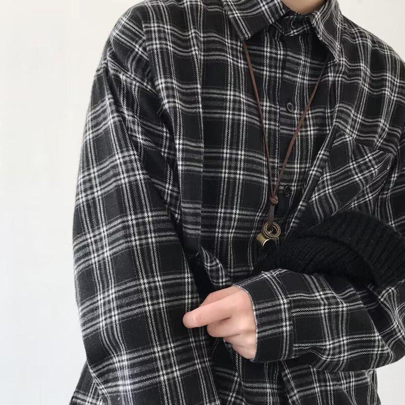 Spring Men's Retro Loose Plaid Hoodie Long Sleeve Shirt - Korean & Hong Kong Style