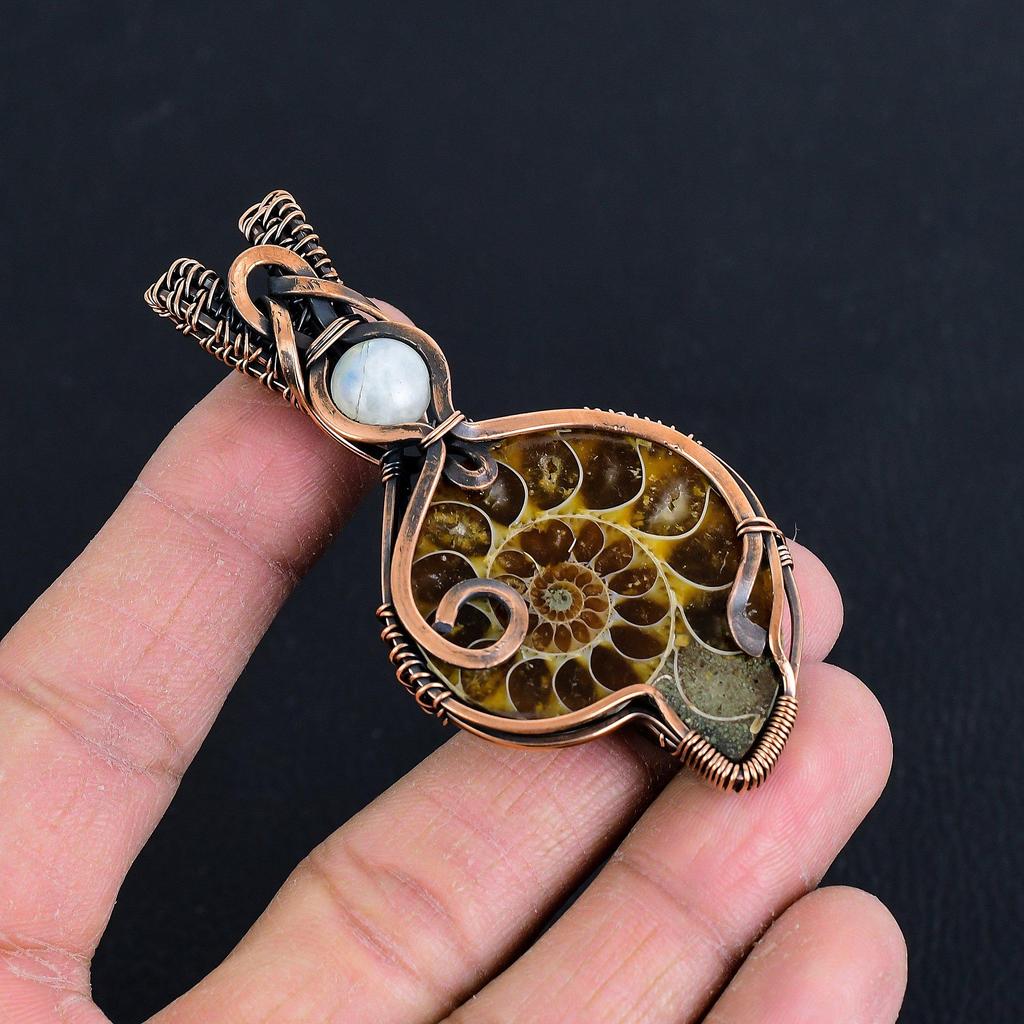 Ammonite Fossil 999 Copper Wire Wrapped Pendant, Handmade Gemstone Jewelry Pendant For Memorial Day