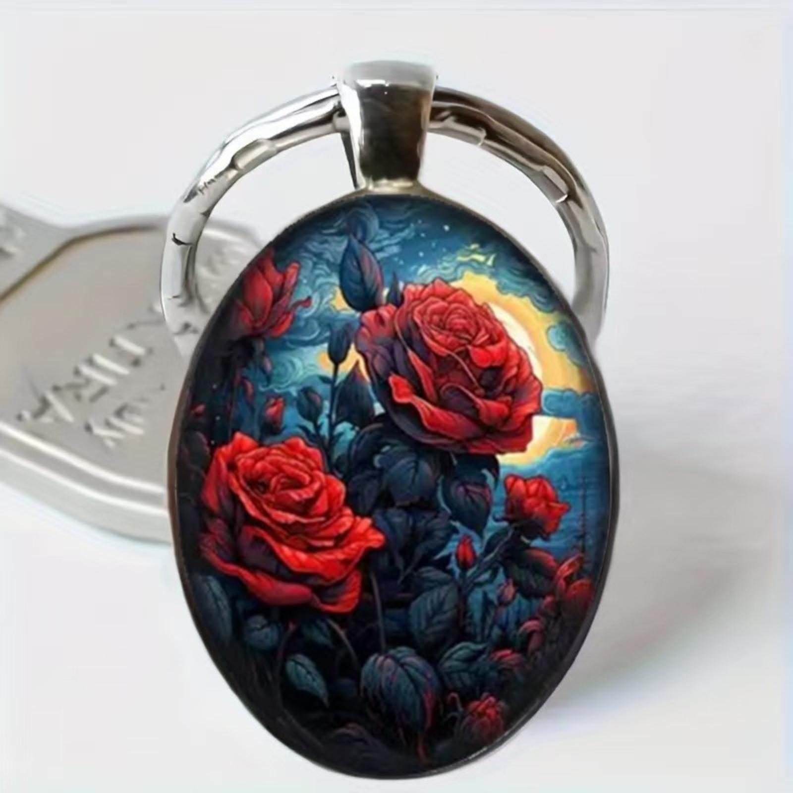

Round Glass Alloy Keychain with Artistic Floral Print Durable Metal Key Ring Oval Pendant Design for Everyday Use One Size