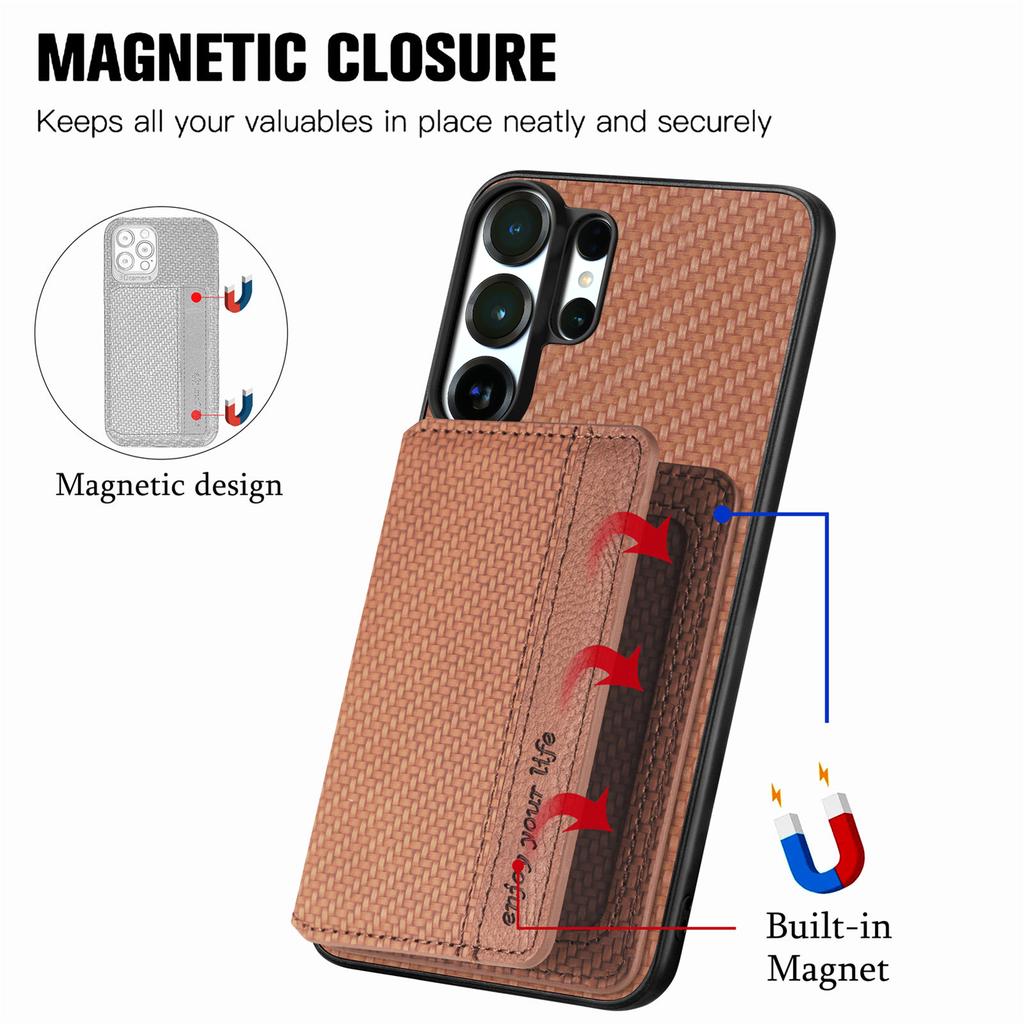 Business Magnetic Carbon Fibrer Cards Solt Wallet Phone Case For Samsung S25 Ultra S24 Plus S23 A17 A07 Kickstand Flip Cover