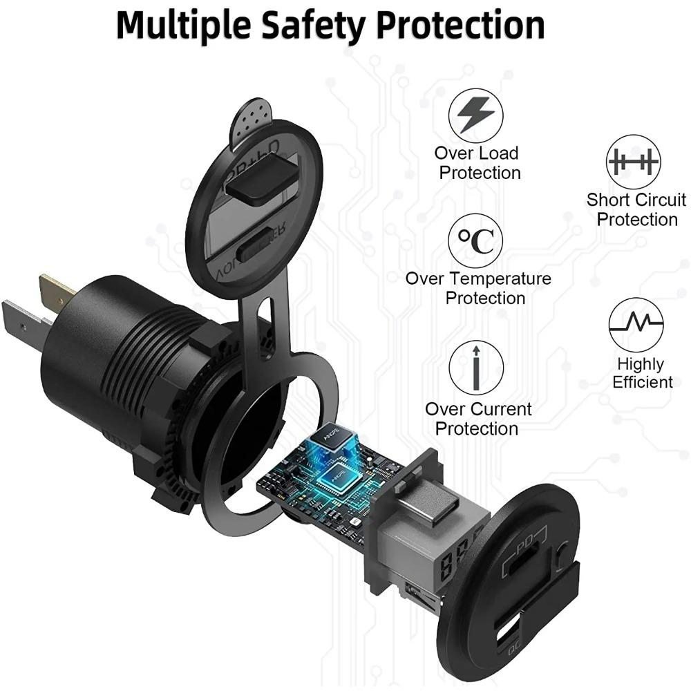 12V 48W USB Charger Outlet Waterproof Charger Socket PD Type C and QC3.0 USB Port USB Socket for Car Boat Marine Truck