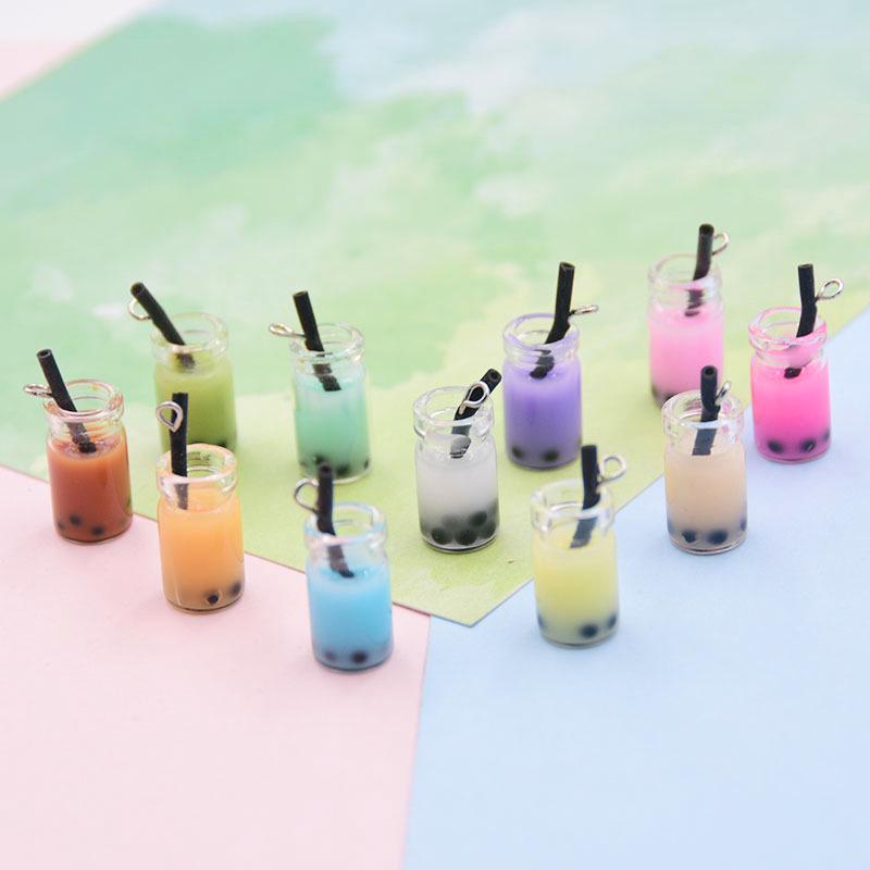 Monochrome Pearl Milk Tea Glass Straw Cup Earrings & Keychain Pendant