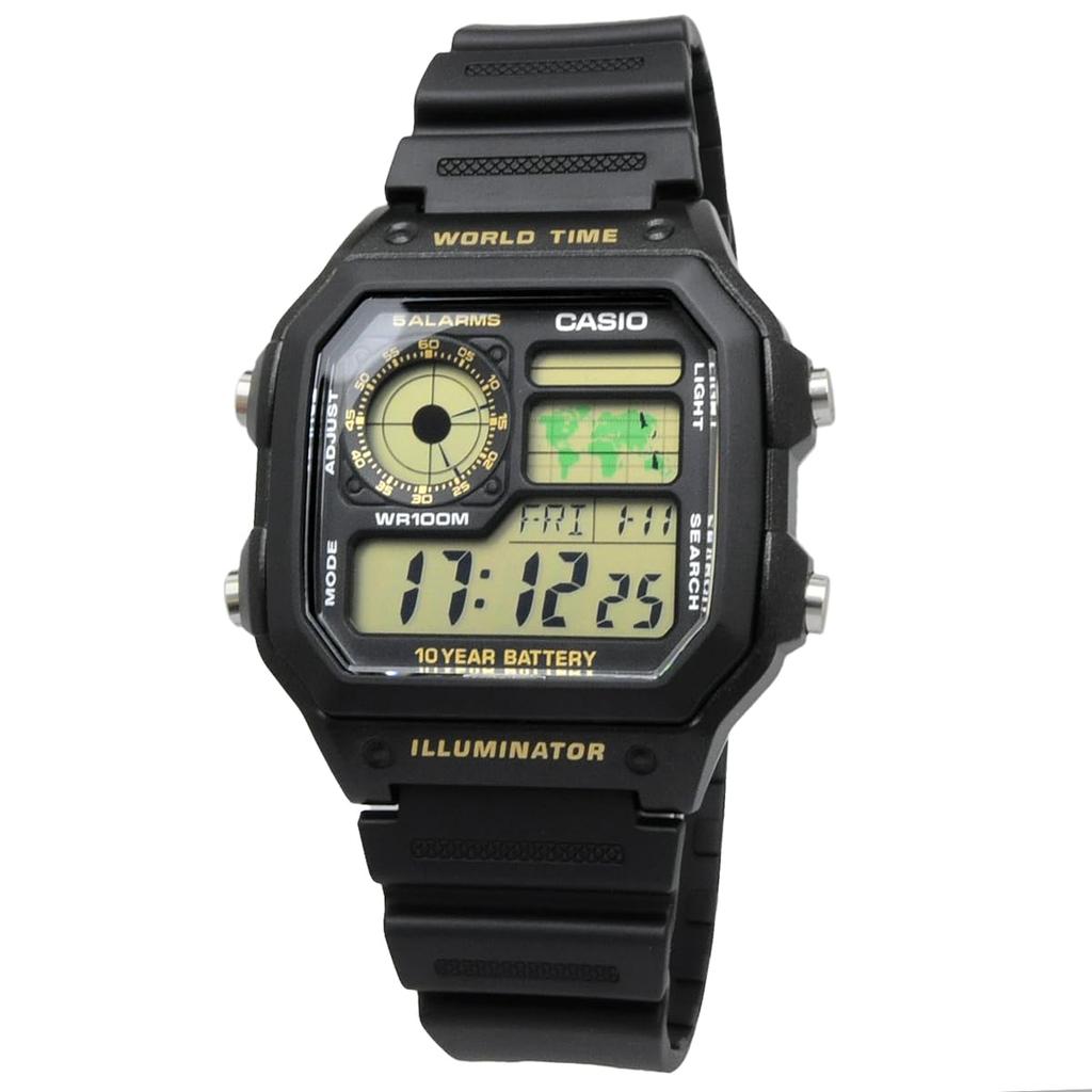 Casio World Time Digital Wristwatch AE-1200WH-1BV Black with Gold LCD (International Model) / AE-1200WHB-1BV Black with Green LCD(International Model)