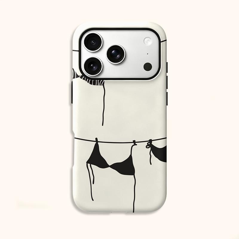 Chic Line Art Bikini Clothesline Summer Sketch Doodle Film Aesthetic Protective Shockproof Bumper Case Cover For iPhone 14 15 16 Pro Max Plus