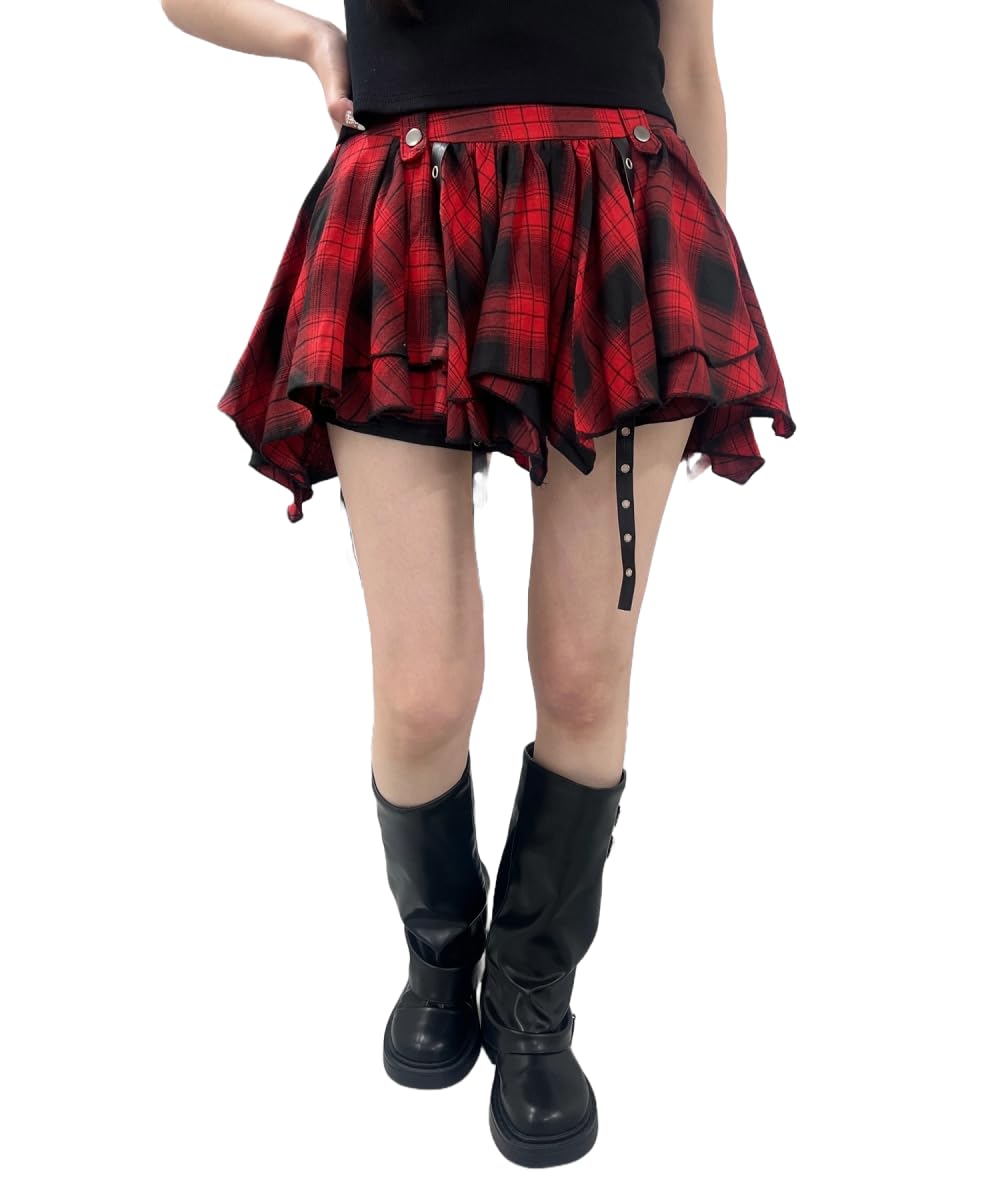 

WEGO Figments Punk Irregular Hem Check Red Skirt/Pants, Women s,