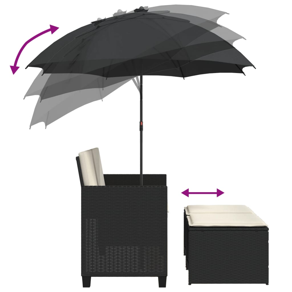 2 Seater Garden Sofa with Sun Umbrella and Footstools Black Poly Rattan