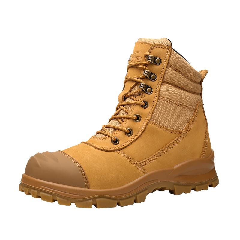 Men's High-Top Wheat Safety Shoes: European Standard, Anti-Smash, Anti-Pierce, Wear-Resistant, Durable Leather with Zipper Style.