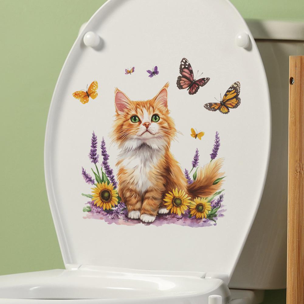 Playful Cat with Flowers and Butterfly Toilet Sticker Waterproof Self-Adhesive Removable Decal for Bathroom WC Decoration