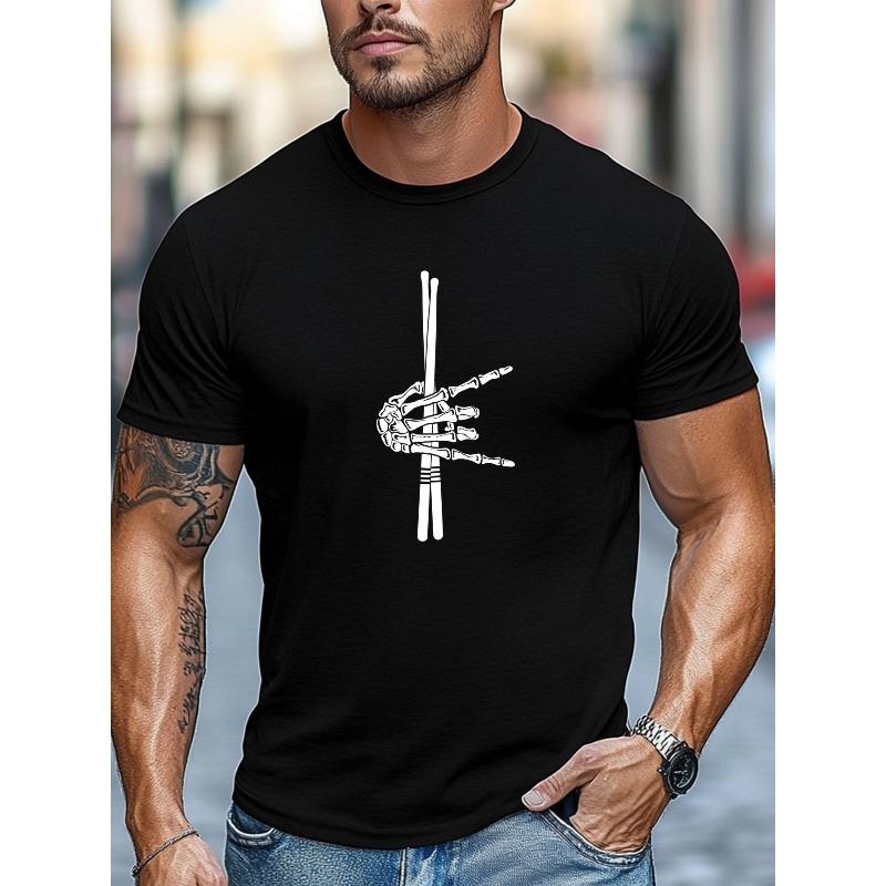 Men'S T-Shirt, Relaxed And Casual, Easy-Going Summer Round-Neck Short T-Shirt Featuring a Design of a Skeleton Hand Holding Chopsticks