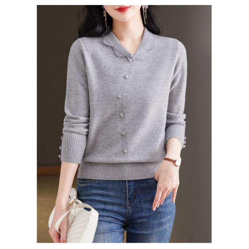 Knitted Solid Color Age-reducing Sweater Lapel New Style Loose Base Top