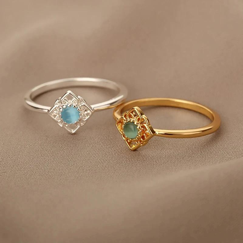 Lotus Flower Rings for Women Gold Color Stainless Steel Opal Natural Stone Ring Vintage Boho Wedding Engagement Jewelry Gift