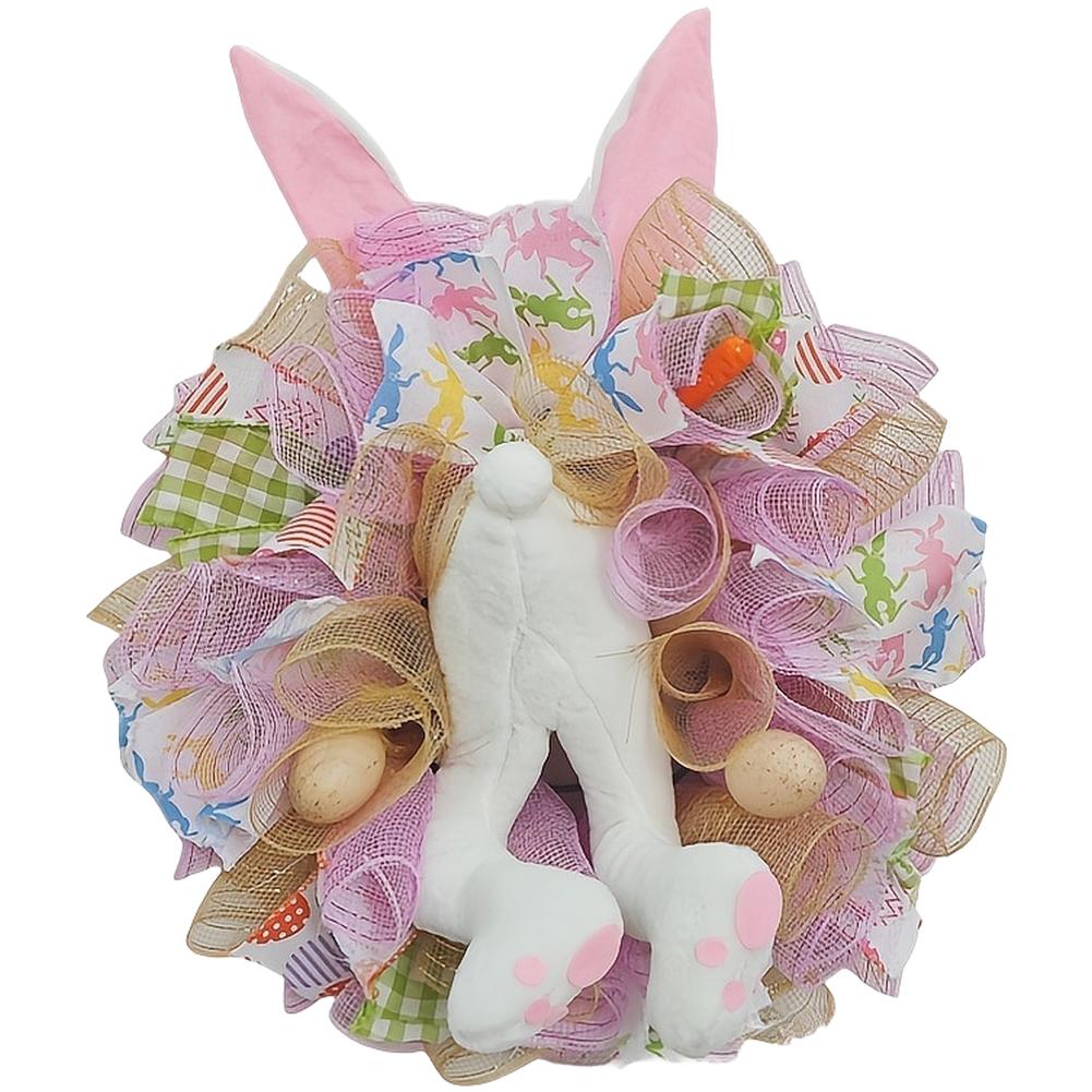 Colorful Easter Bunny Door Wreath with Handmade Ribbon and Creative Rabbit Design for Festive Holiday Decoration