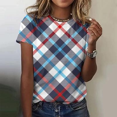 Plaid Printing Women's Printing Fashion Crew Neck Short Sleeve Casual Daily Wide T-Shirt Clothing