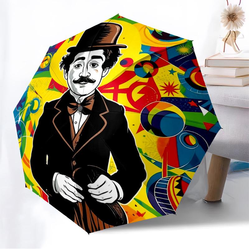 1pz Ombrello Pieghevole Automatico Charlie Chaplin, Design Pieghevole Portatile, Accessorio Casual da Esterno L1127016