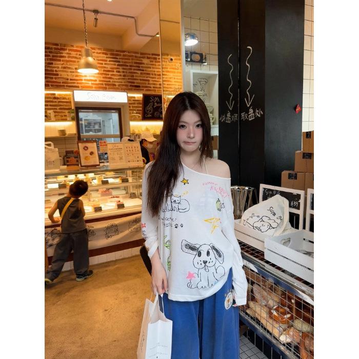 Korean chic lazy wind fun graffiti print long-sleeved sunscreen blouse women s summer S