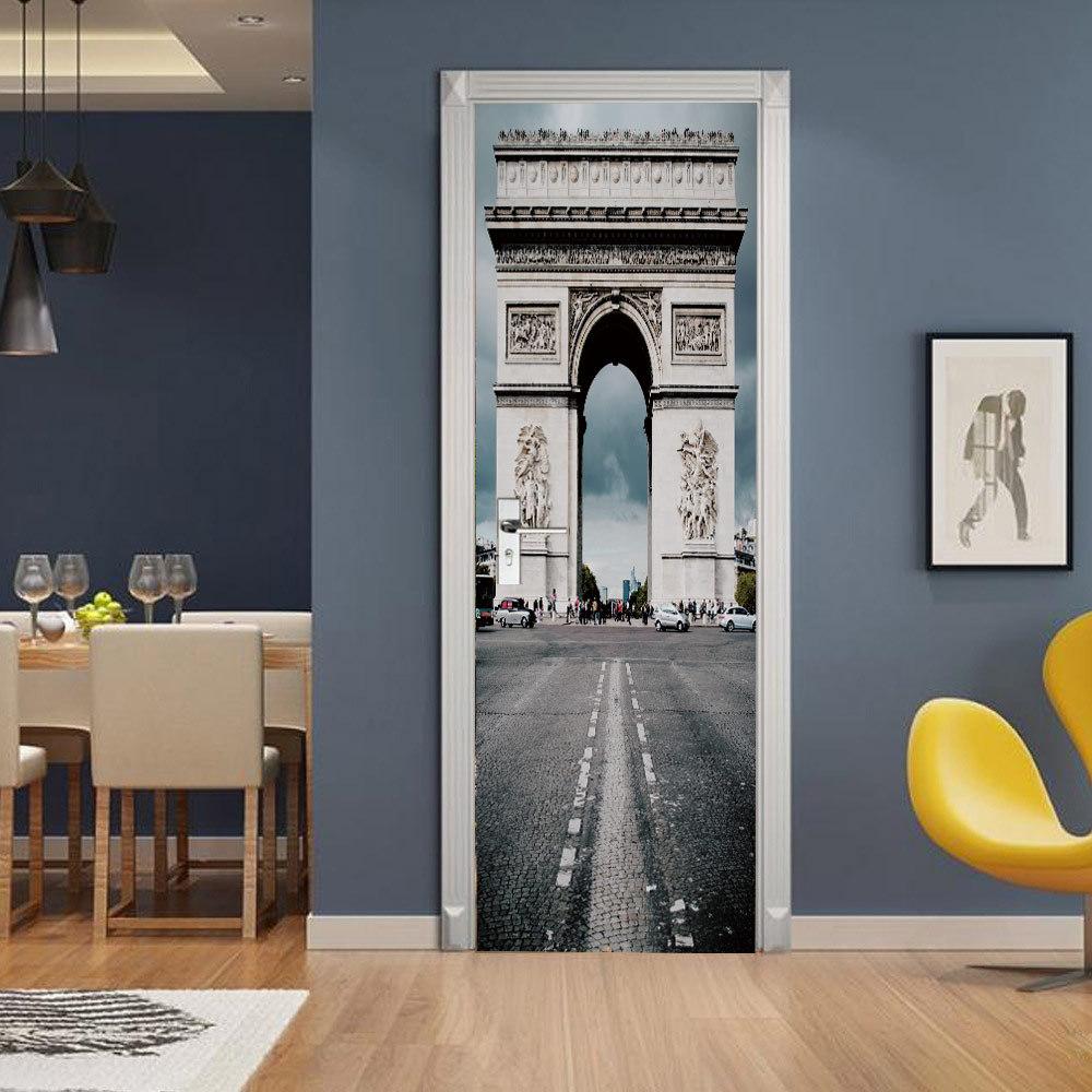 3D Arc De Triomph Door Stickers Self-Adhesive Peel and Stick Wallpaper Wall Stickers Decoration Removable Vinyl DIY Wall Decal