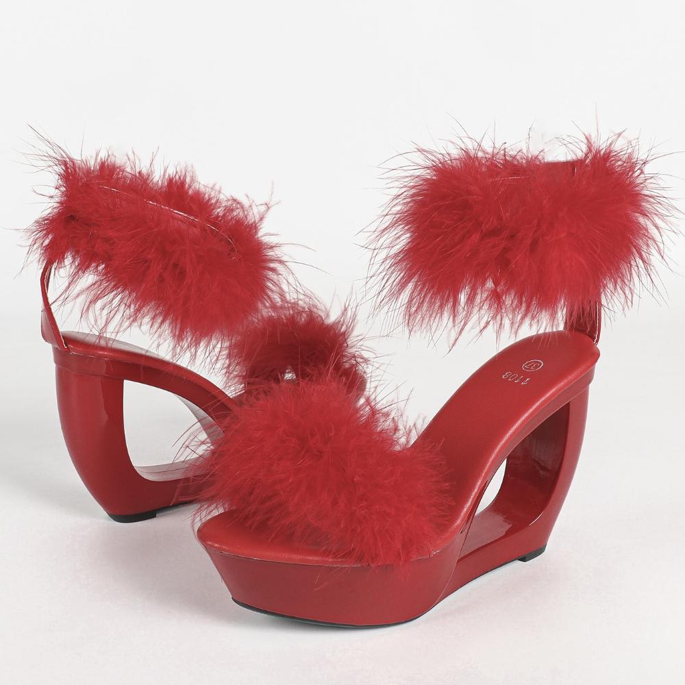 

10.5CM European American Furry Super High Heel Sandals, Black Platform Stiletto, Sexy Nightclub Catwalk Party ShoesLFD-1107WG-17 34 красный