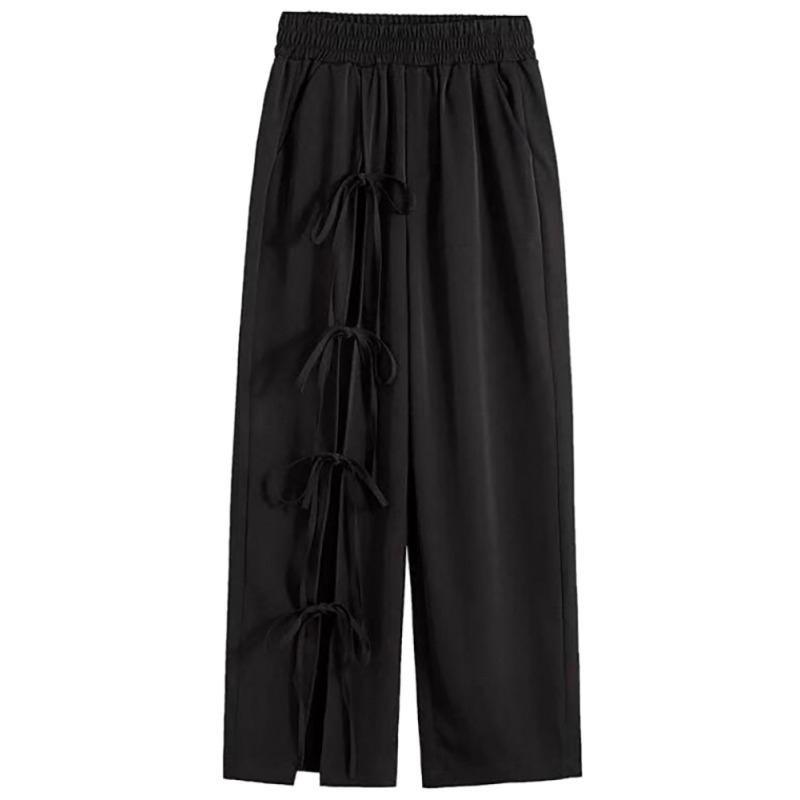 Women Solid Color Wide Leg Loose Elastic High Waist Straight Casual Split Pants