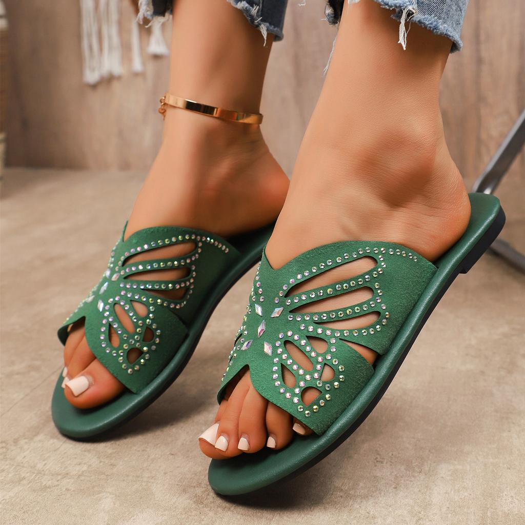 Women Slippers Rhinestone Butterfly Hollow Flat Shoes Ladies Beach Sandals Plus Size Solid Color Slippers Slides Women