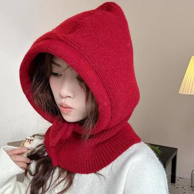 Woolen Hooded Cap Solid Color Neck Collar Beanies Cap Casual Knitted Balaclava Hat  Male/Female