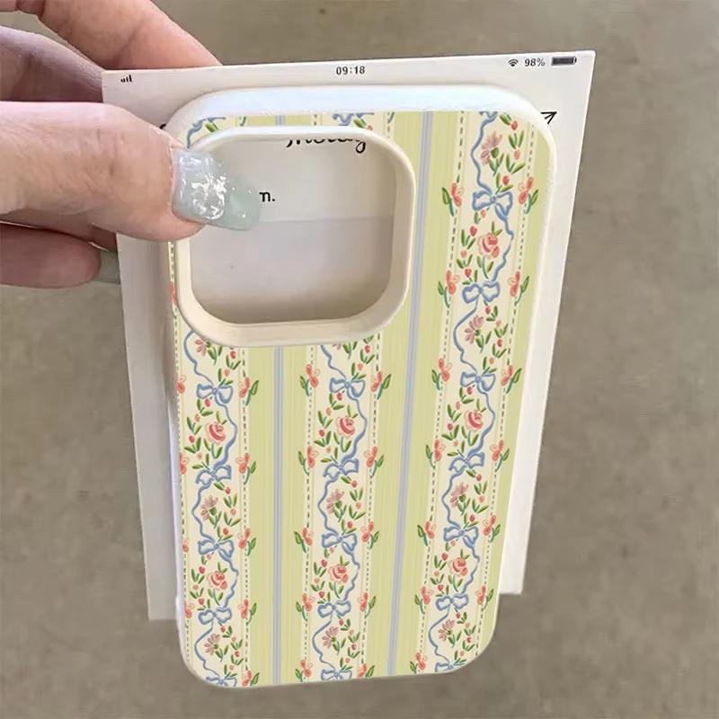 Floral Stripes Pattern Phone Case For iPhone 17 Pro Max 16 Plus 15 Pro 14 13 12 11 XR 17Air Lychee Textur Soft Cover