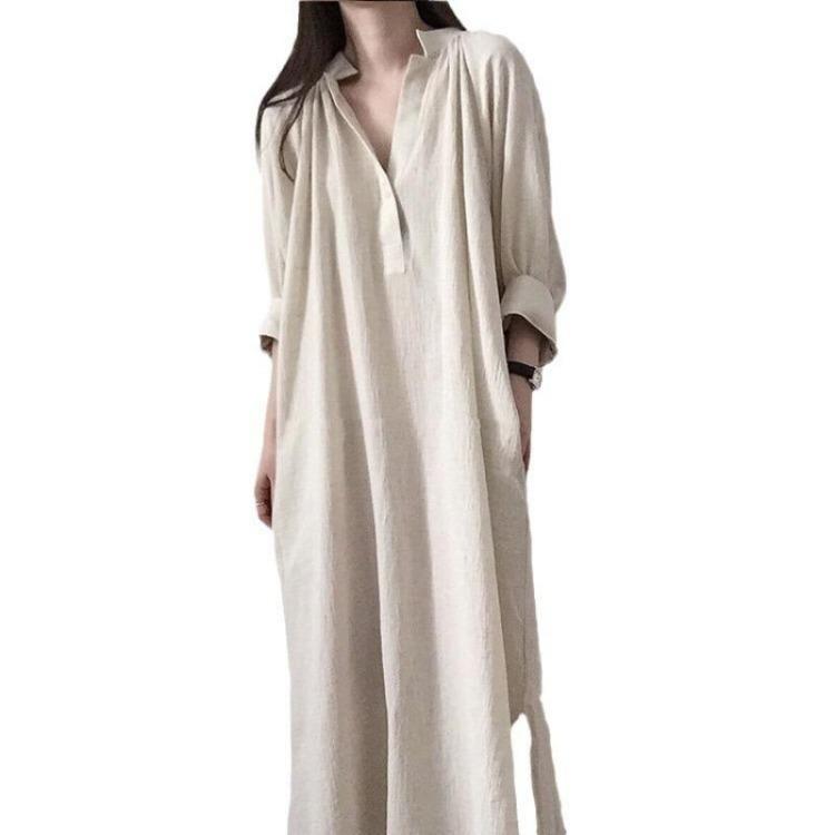 Spring Cotton Linen Long Over Knee Loose Korean Style Shirt Dress S белый