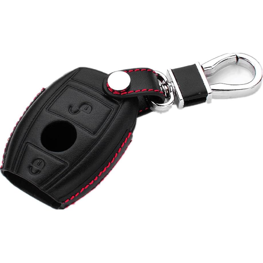 Leather Key Fob Cover for Car Key Case with Keychain - 2 Buttons - Black