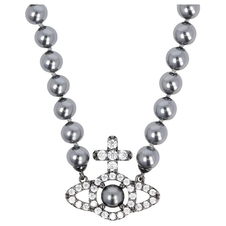 Vivienne Westwood Olympia Cross Saturn Cubic Zirconia Necklace Men necklace Gunmetal-Gray 63010120-02S328-SM Box