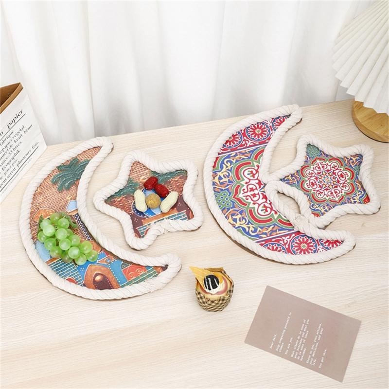 Delicate Ramadans Wood Cotton Rope Woven Trays Eid Mubarak DIY Serving Tray for Breakfast and Dessert Home Party Decors